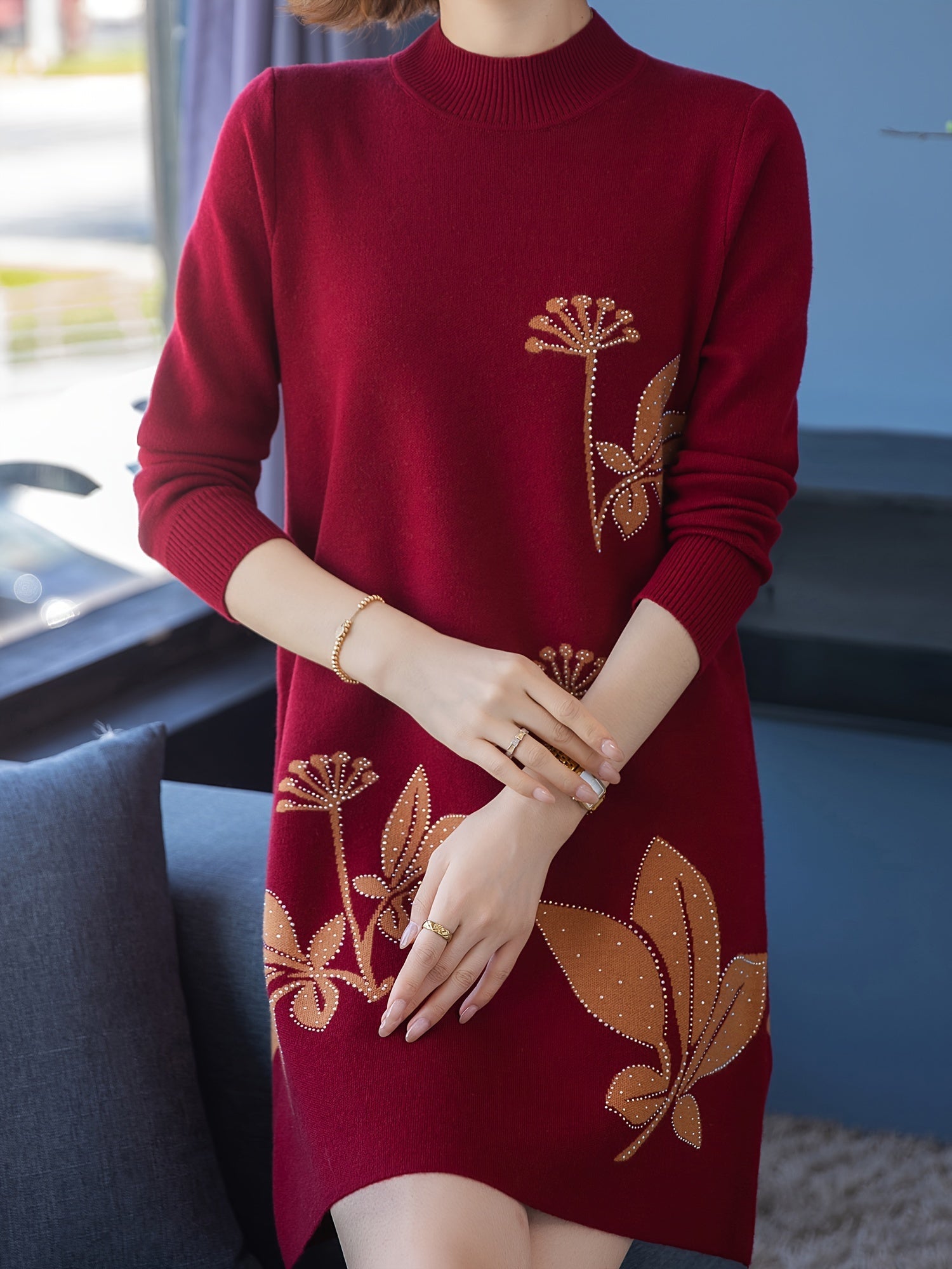 Lourdes™ - Robe pull fleurie élégante à col rond