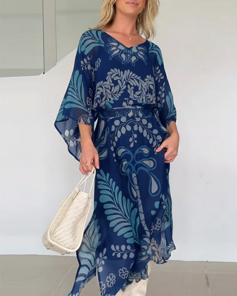 Praxellea™ - Robe bohème femme maxi ample col V imprimé feuilles élégant