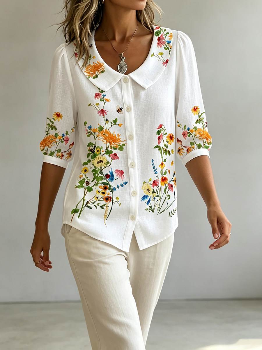 Mavessia™ - Chemise femme coton et lin imprimé floral artistique vintage