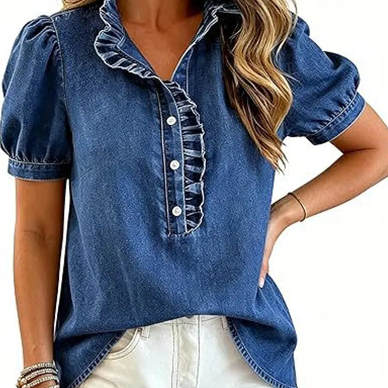 Caelith - Haut femme en denim avec col volanté