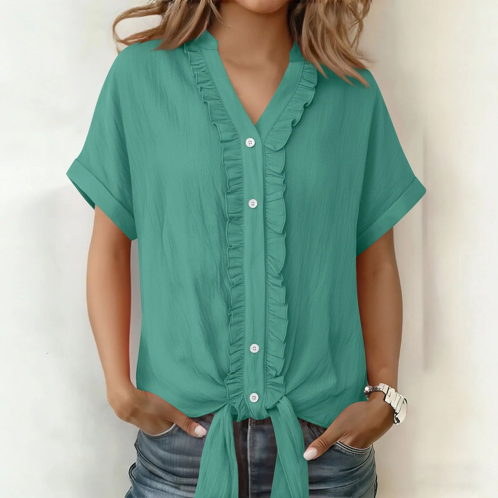 Kalyxa™ - Chemise femme coton col V manches courtes nouée été