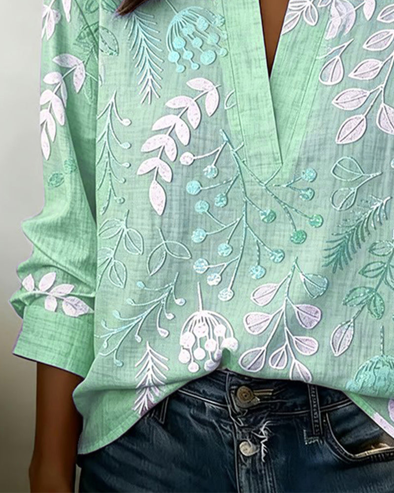 Drynora™ - Blouse femme imprimée florale col ouvert manches longues style élégant