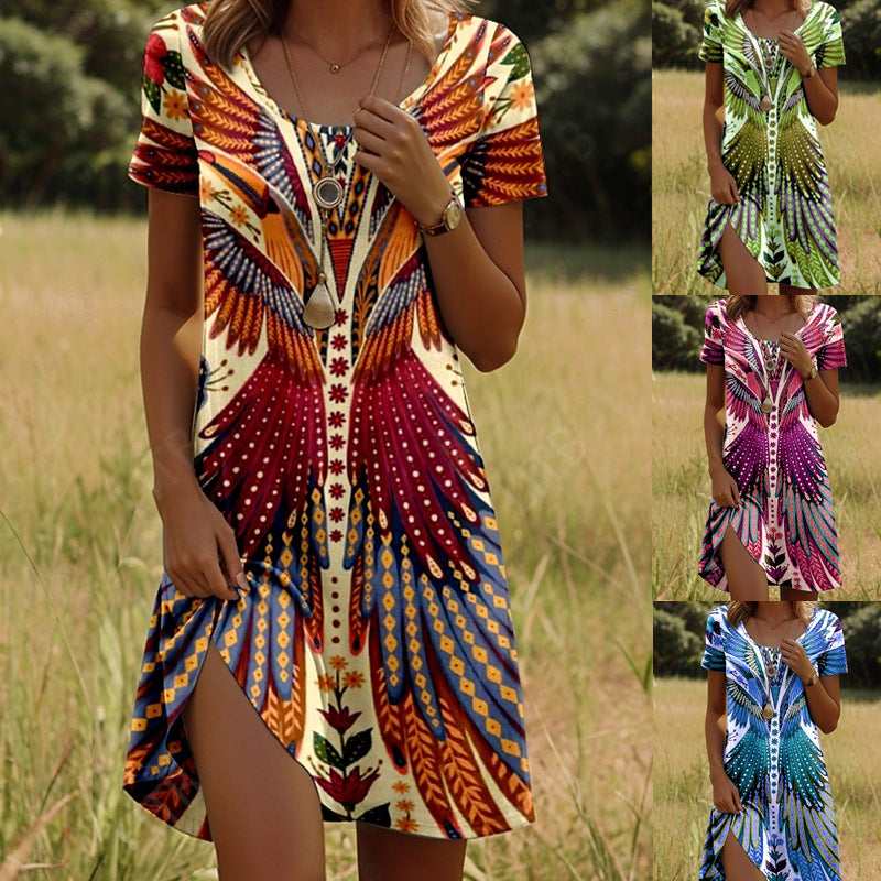 Nivara™ - Robe à Col Rond avec Imprimé Indien à Manches Courtes