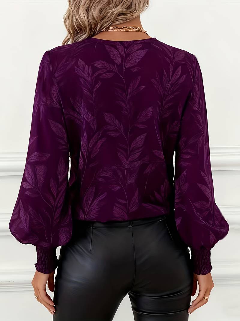Heliviennea - Blouse Élégante À Manches Longues Imprimé Feuilles