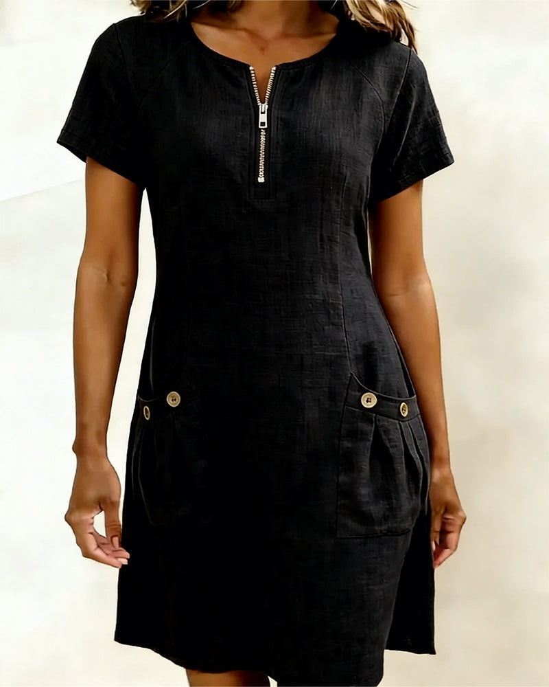 Kovira™ - Robe Courte Coton Lin avec Fermeture Éclair et Poches