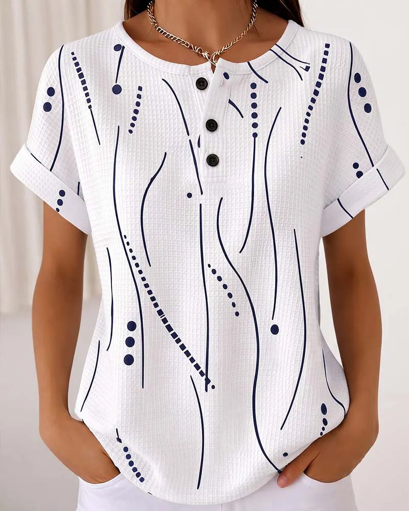 Zelynn - T-shirt femme imprimé à manches courtes avec boutons