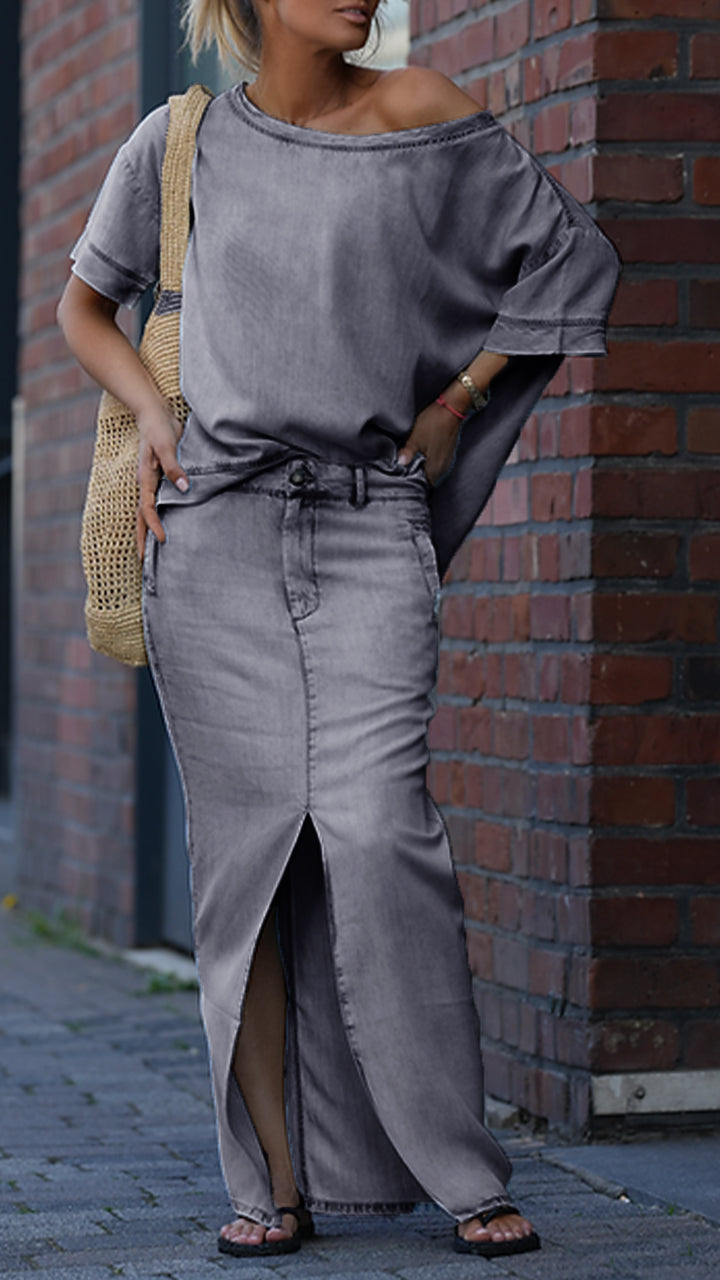 Mireya™ - Ensemble Décontracté Femme en Denim Tencel avec Décolleté Rond