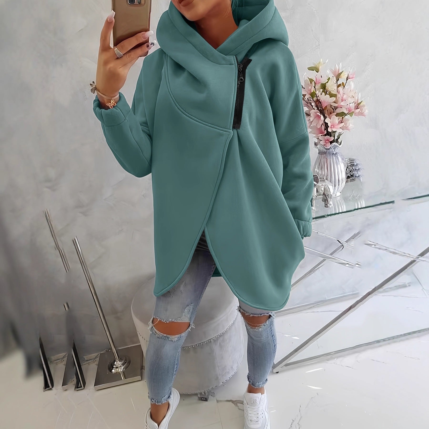 Quenlisse™ - Sweat à capuche zippé pour femme avec poches avant