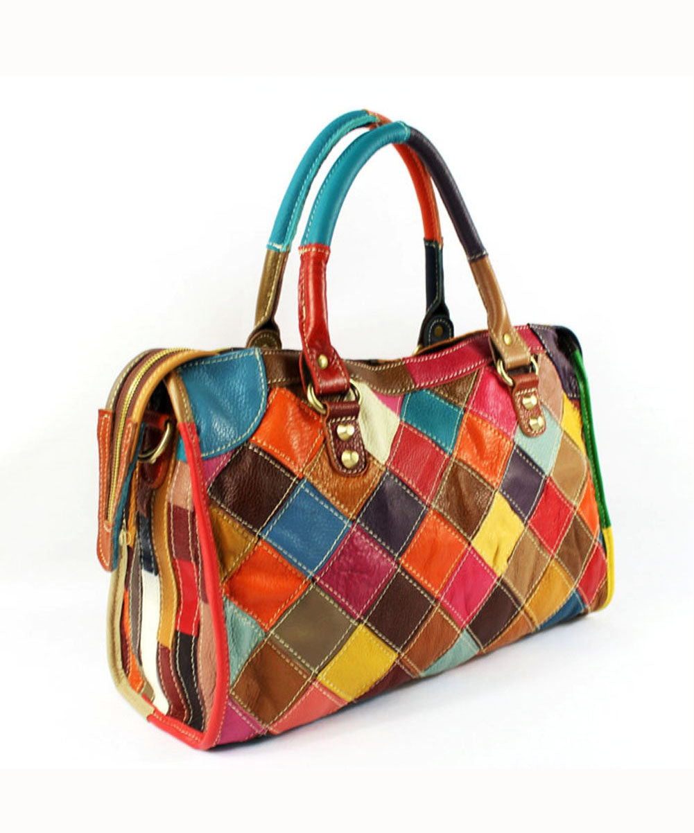 Gravina™ - Sac tote élégant en cuir de veau patchwork avec fermeture éclair et clous colorblock