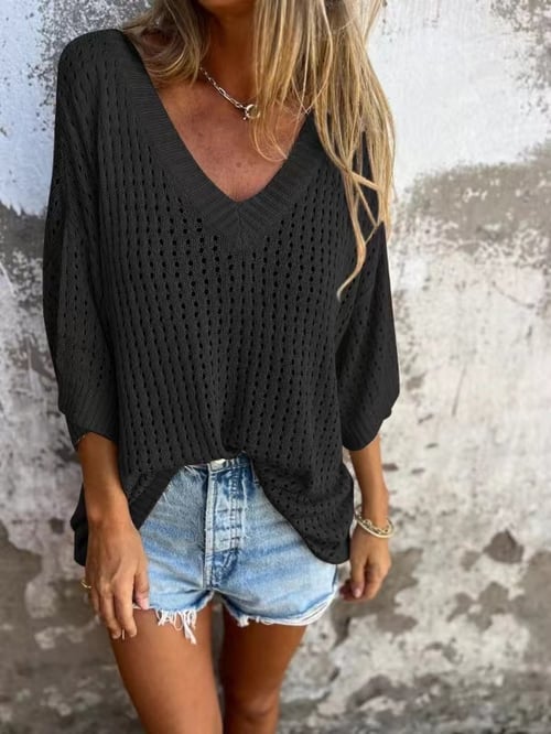 Delia™ - Top tricoté à col en V avec motif creux