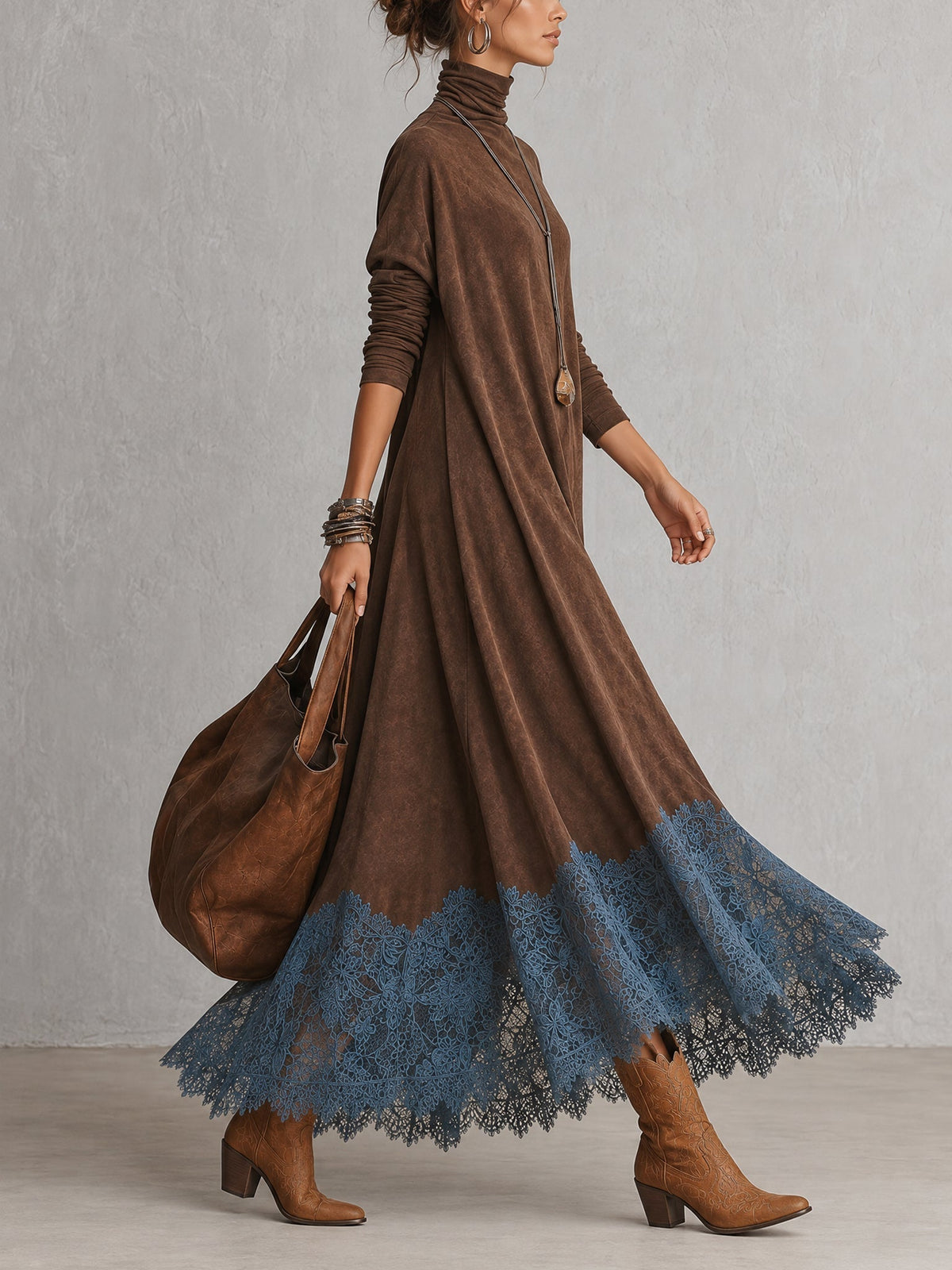 Gonneke - Robe femme longue effet suédé avec dentelle
