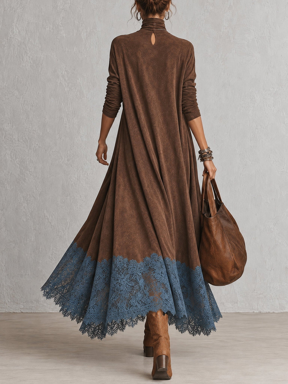Gonneke - Robe femme longue effet suédé avec dentelle