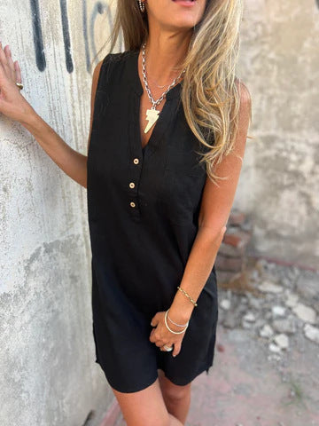 Nerelle™ - Robe Décontractée en Coton et Lin avec Col en V et Poche Latérale