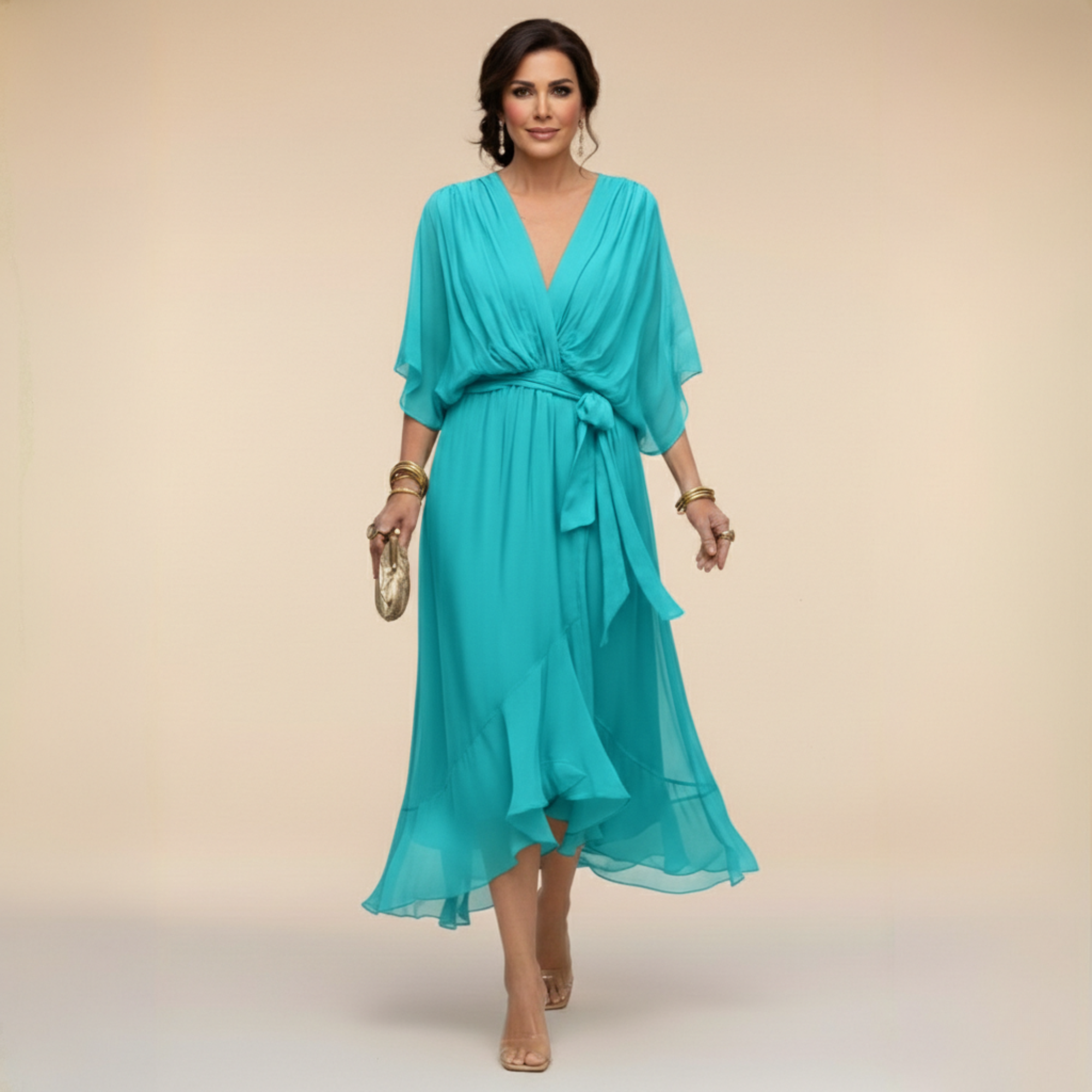 Lazira™ - Robe femme midi fluide col V manches amples ceinture élégante