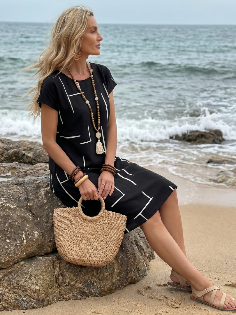 Olivrixa™ - Robe femme mi-longue à imprimé abstrait en coton lin coupe décontractée