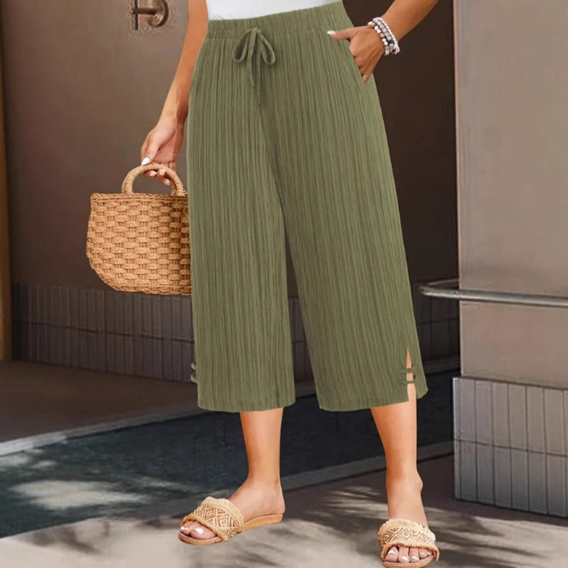 Cyntra™ - Pantalon Femme Coton Lin Jambes Larges Taille Confort Coupe Fluide