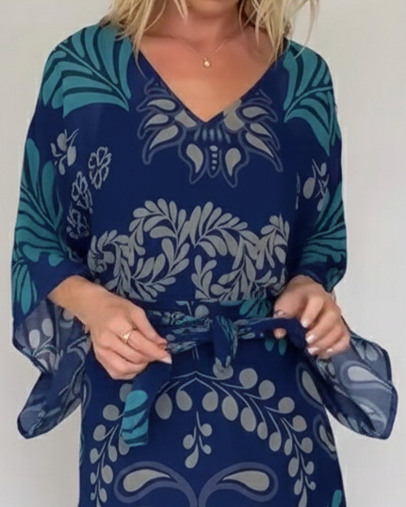 Praxellea™ - Robe bohème femme maxi ample col V imprimé feuilles élégant