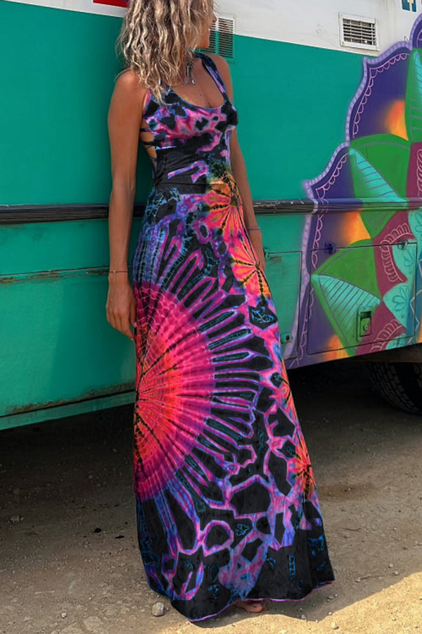 Junaria™ - Robe maxi avec imprimé tie-dye, lacée à l'arrière, extensible (avec soutien-gorge intégré)
