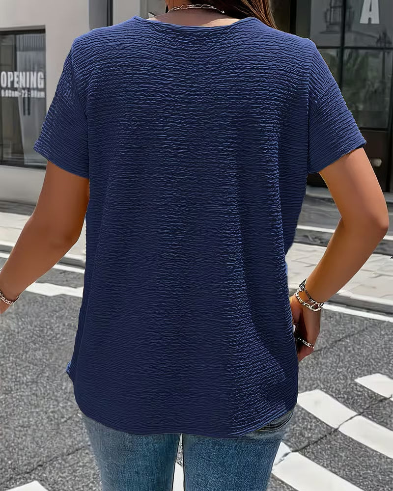 Syzelle™ - T-shirt femme col rond texturé manches courtes boutons décoratifs élégant