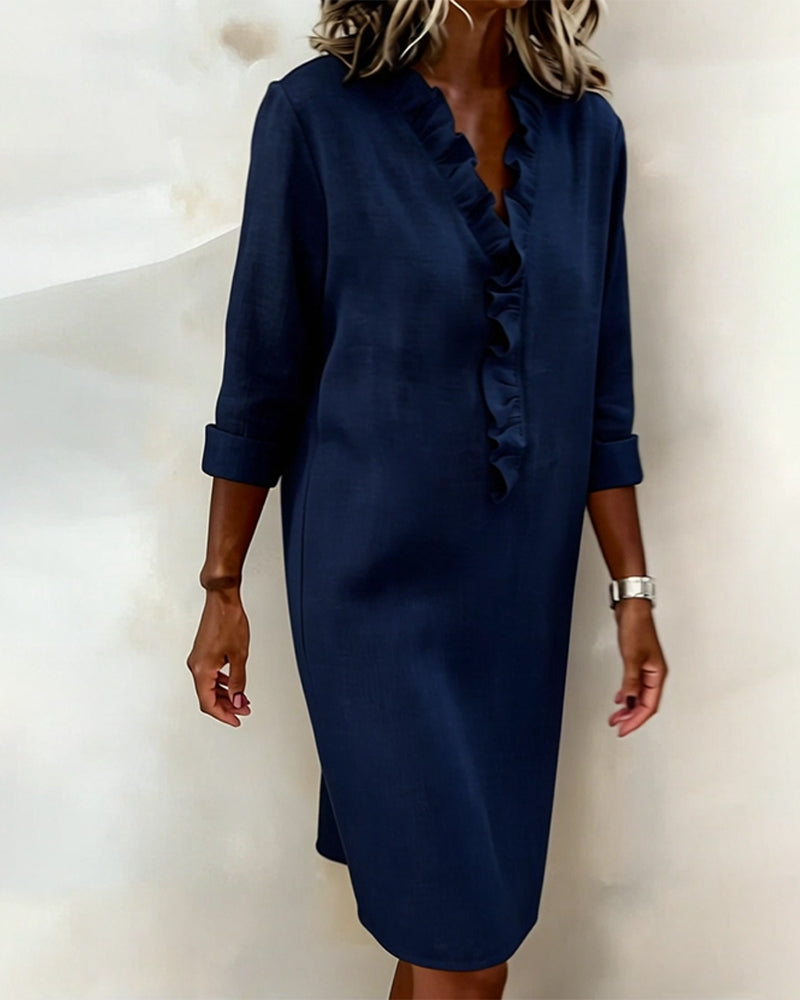 Ophivyn™ - Robe femme col V à volants coupe droite style décontracté