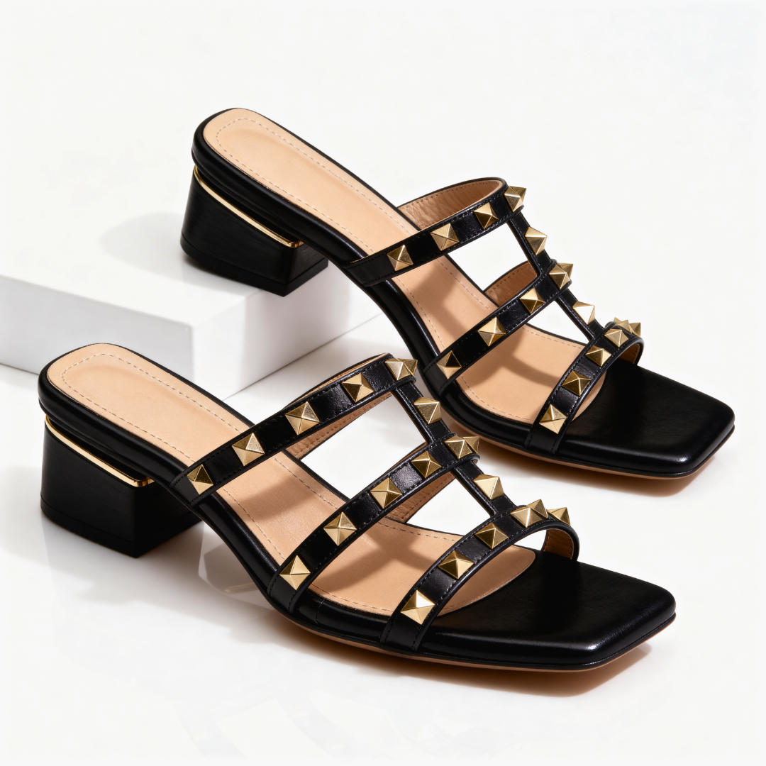 Frovelle™ - Sandales femme cloutées cuir semelle confort talon bas style chic