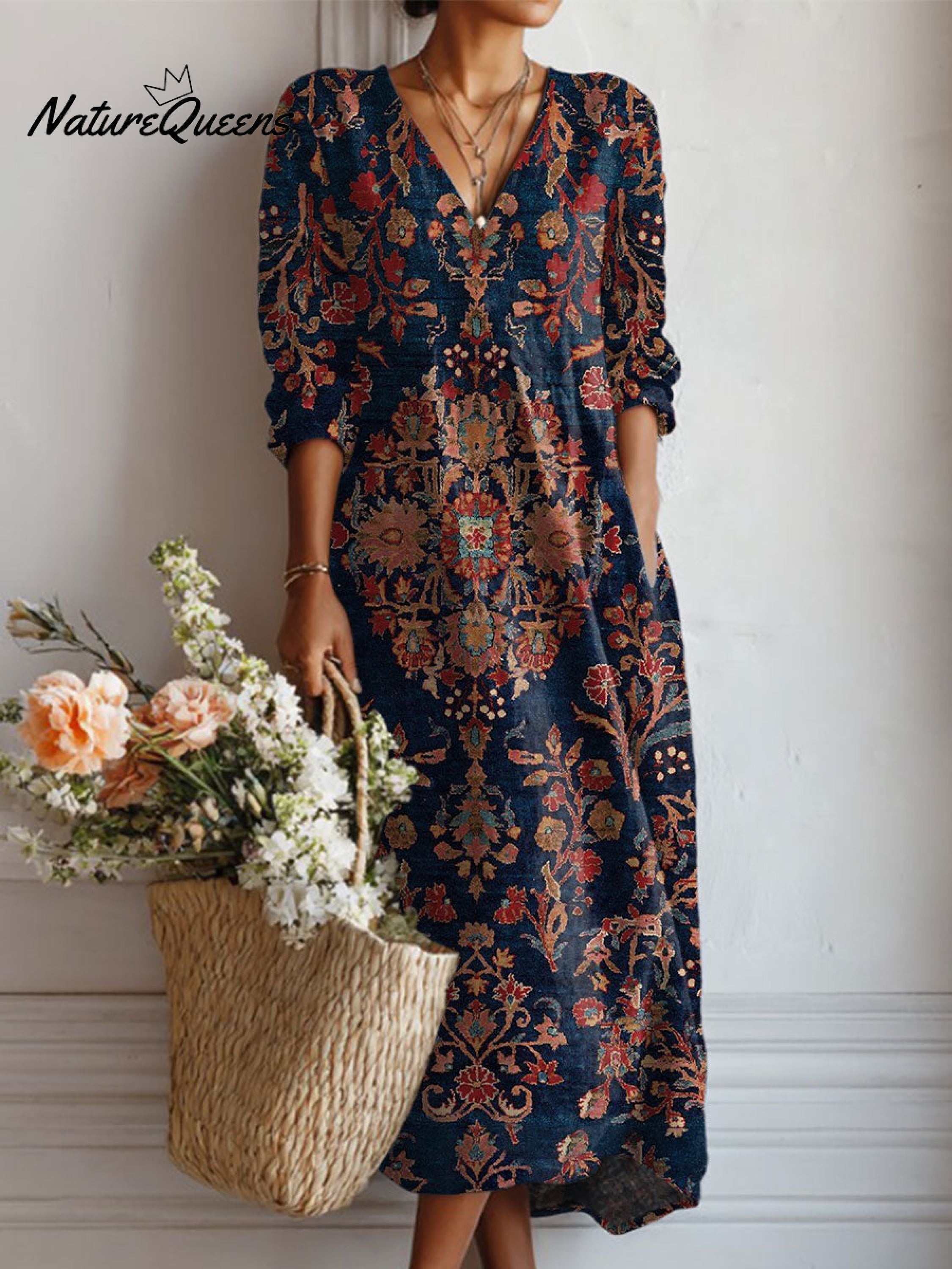 Jovelle™ - Robe Tunique Vintage à Imprimé Floral et Poches en Lin pour Femme