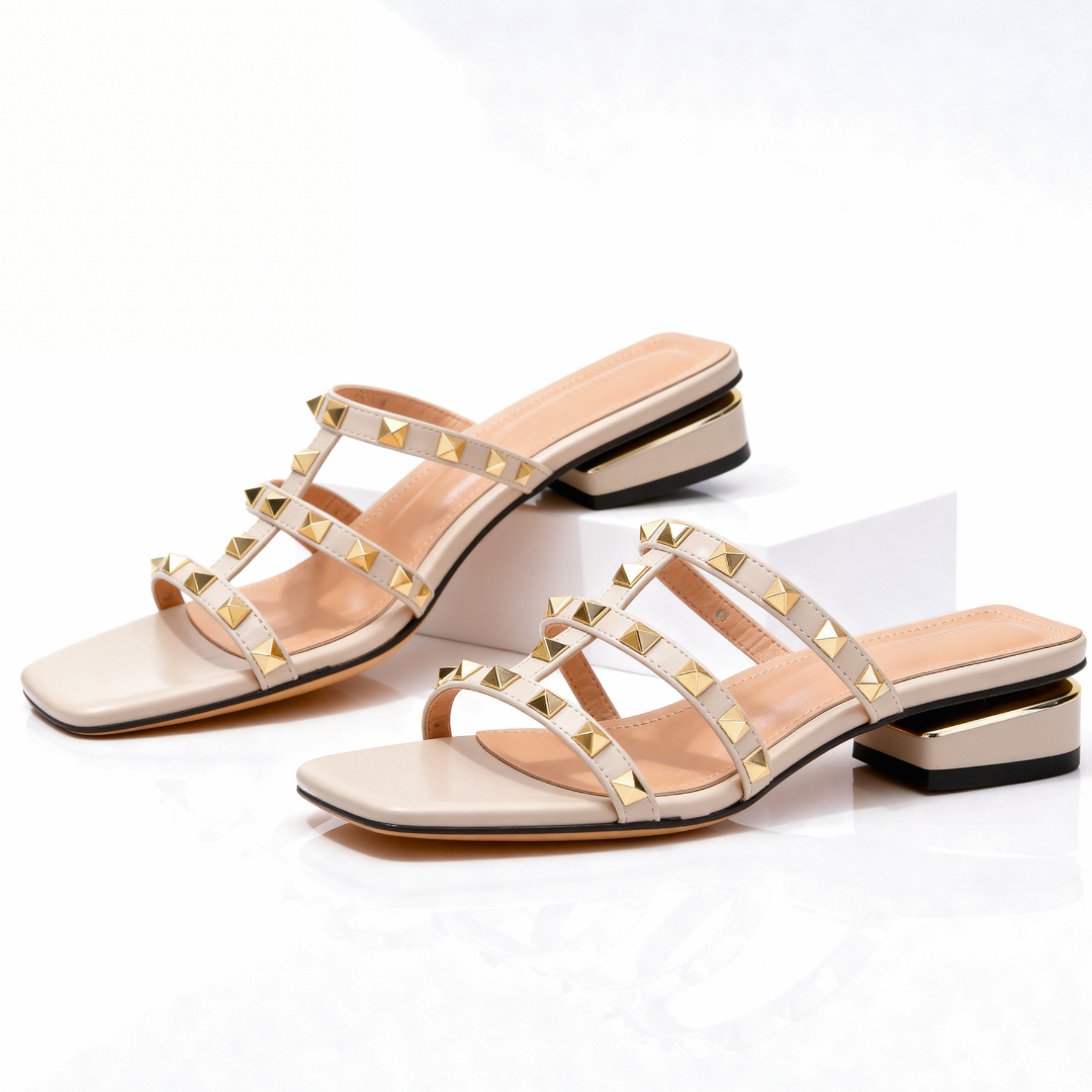 Frovelle™ - Sandales femme cloutées cuir semelle confort talon bas style chic