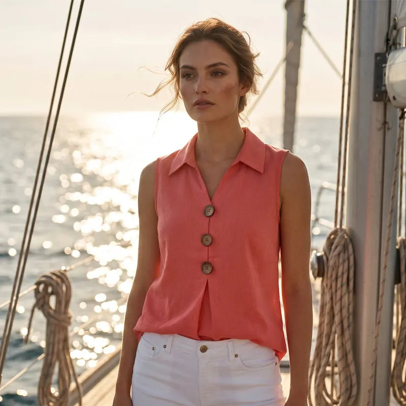Rosine - Chemise sans manches femme en coton avec boutons