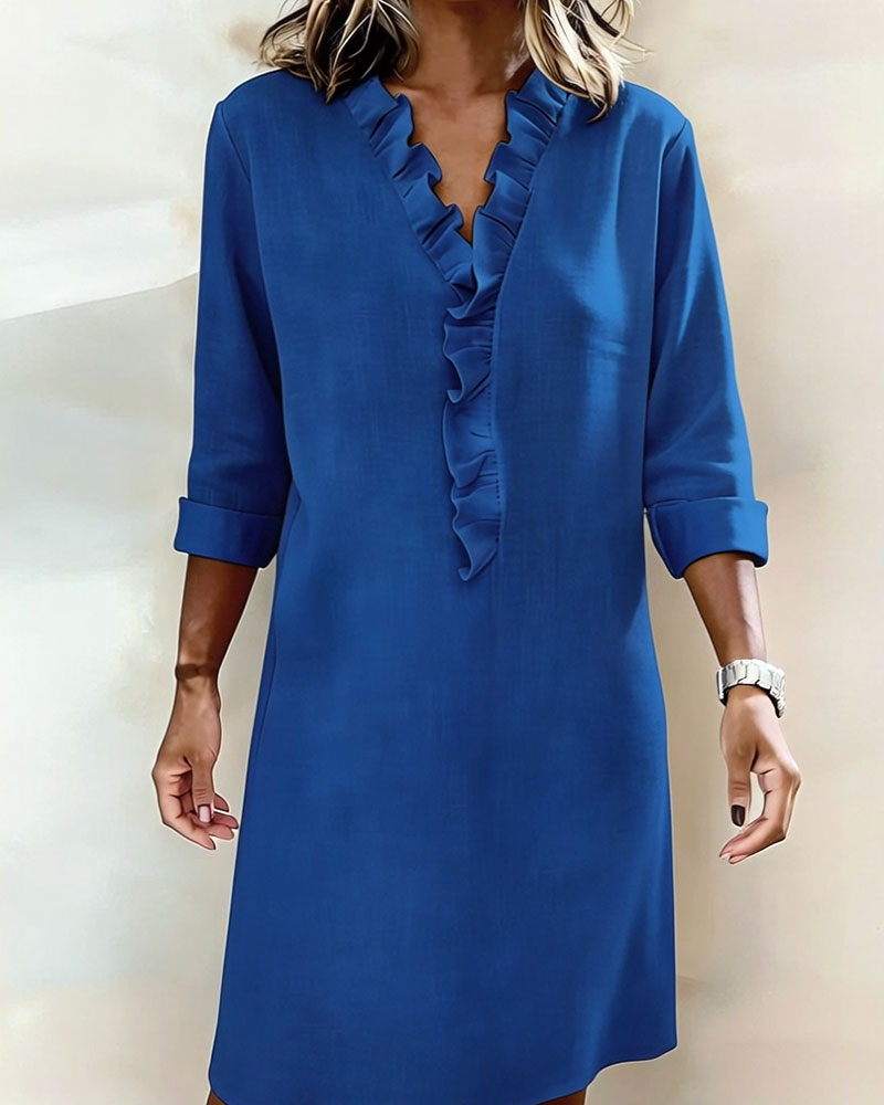 Ophivyn™ - Robe femme col V à volants coupe droite style décontracté