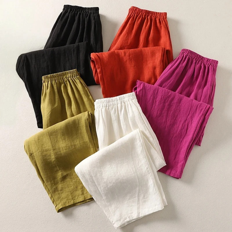 Arelise - Pantalon femme fluide en coton-lin à taille élastique