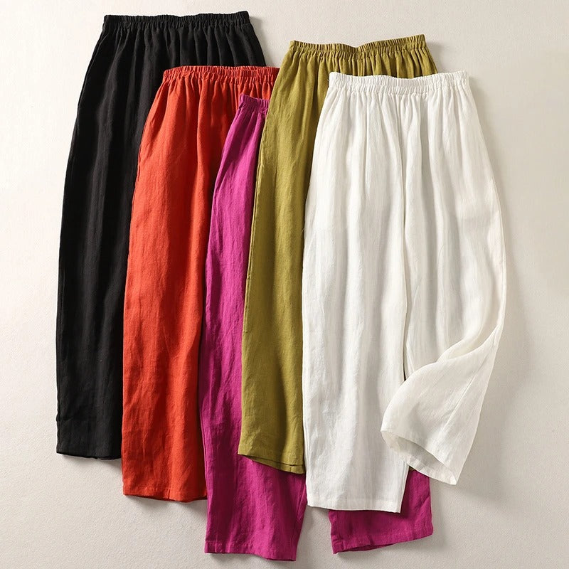 Arelise - Pantalon femme fluide en coton-lin à taille élastique