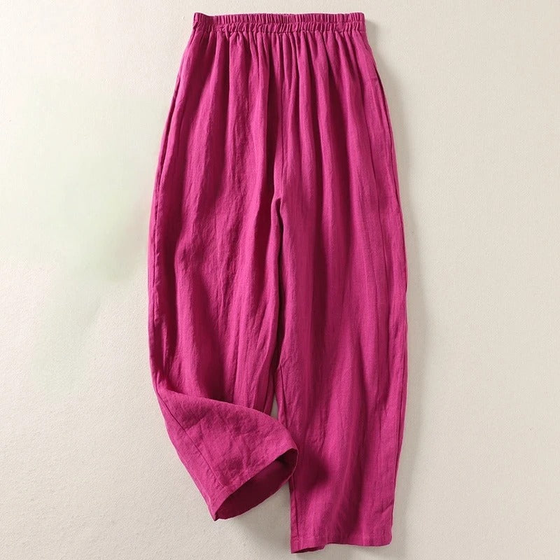 Arelise - Pantalon femme fluide en coton-lin à taille élastique