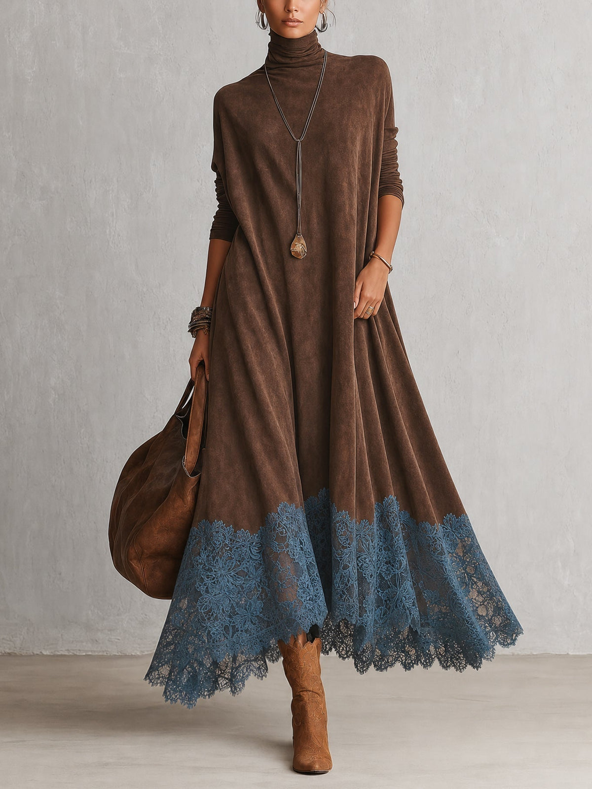 Gonneke - Robe femme longue effet suédé avec dentelle
