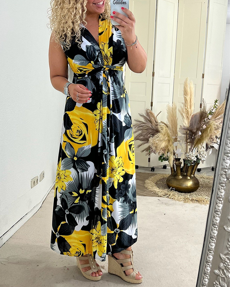 Sacha™ - Robe élégante sans manches à imprimé floral plissé