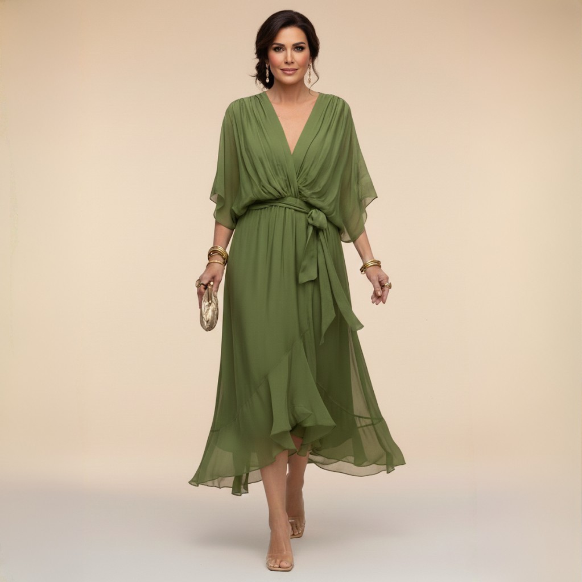 Lazira™ - Robe femme midi fluide col V manches amples ceinture élégante