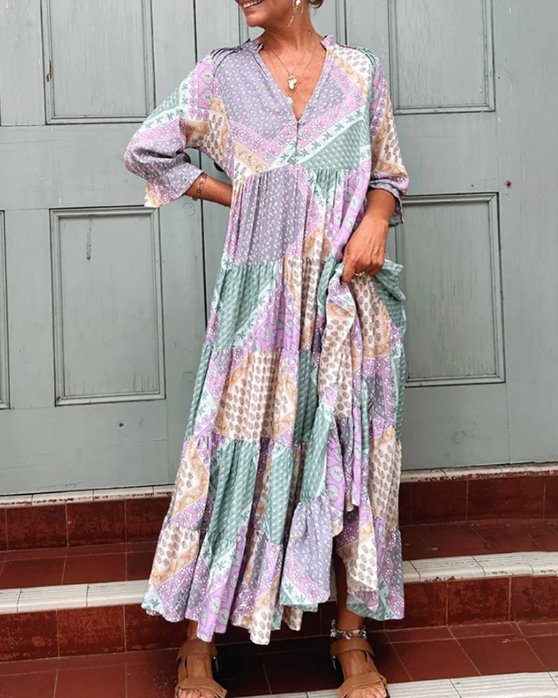 Quinna™ - Robe maxi colorée à imprimé color block et manches 3/4