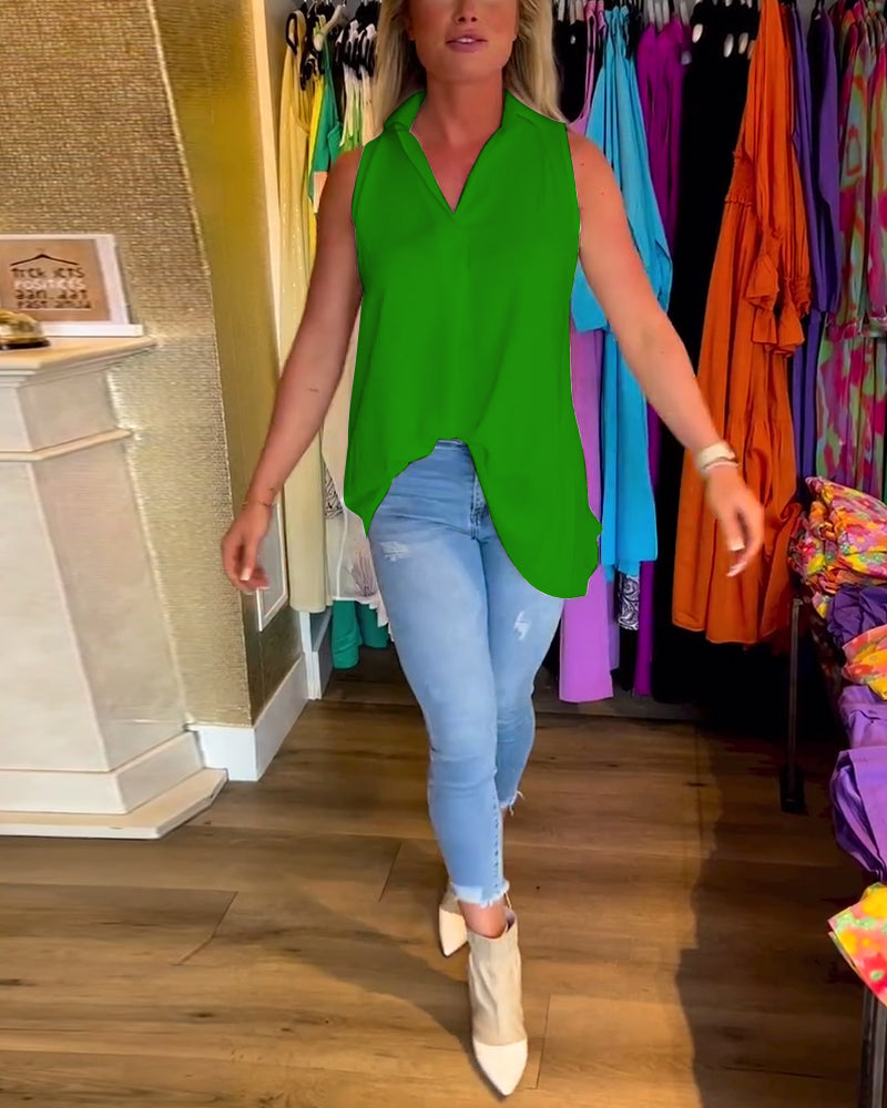 Tahliana™ - Top Sans Manches avec Volants Subtils et Revers Élégants