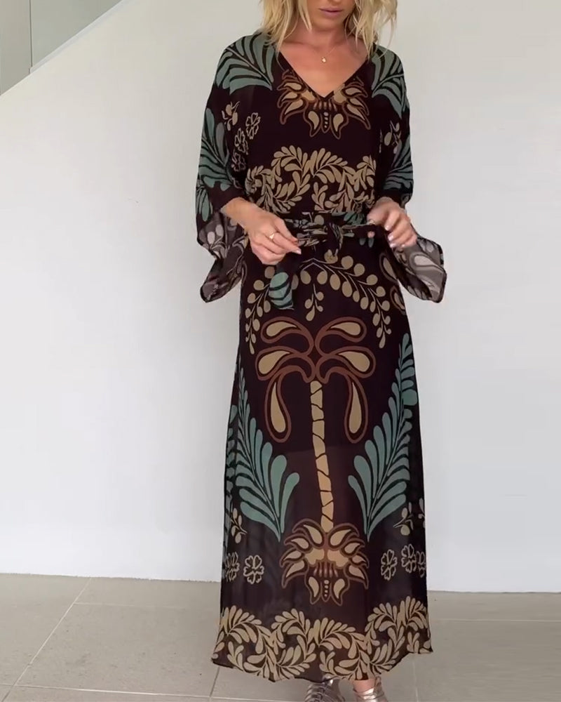 Praxellea™ - Robe bohème femme maxi ample col V imprimé feuilles élégant
