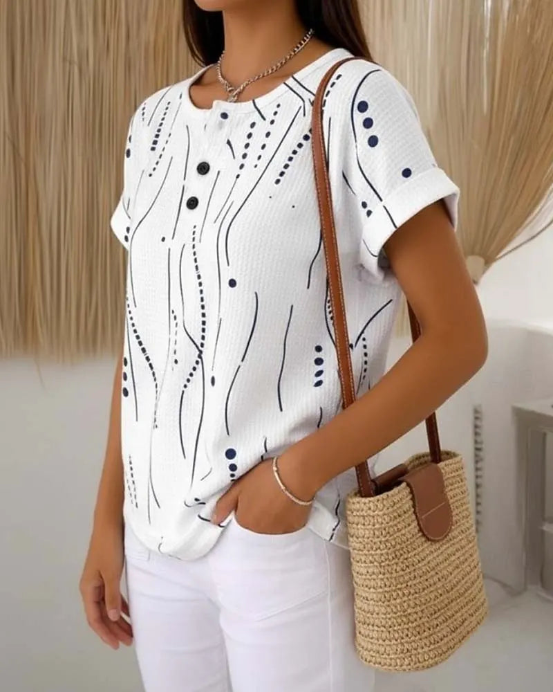 Zelynn - T-shirt femme imprimé à manches courtes avec boutons