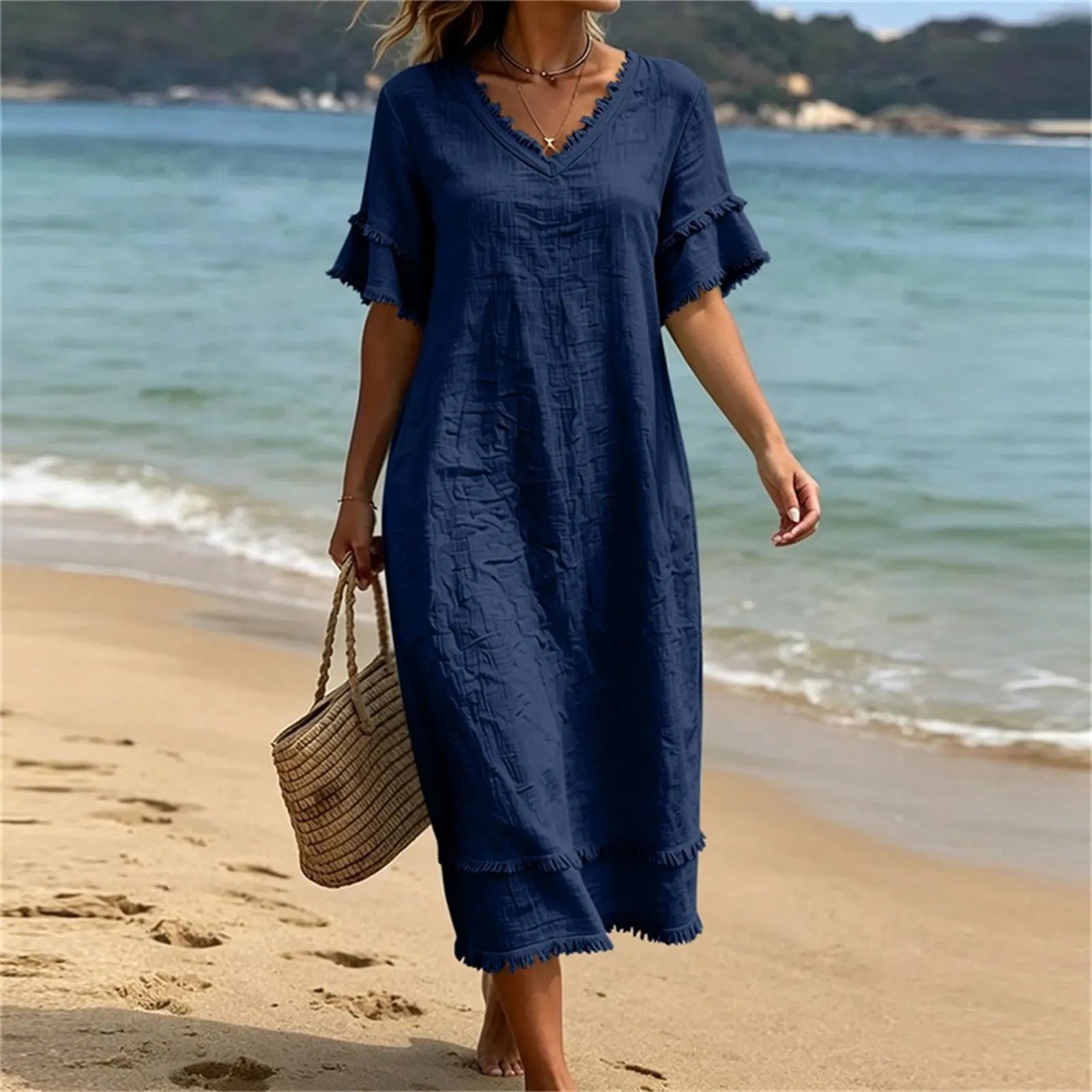 Naelle - Robe femme col V à franges style bohème