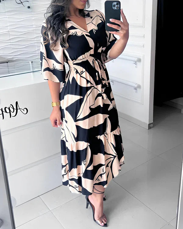 Orlissa - Robe femme à col V avec taille ajustable et imprimé noir