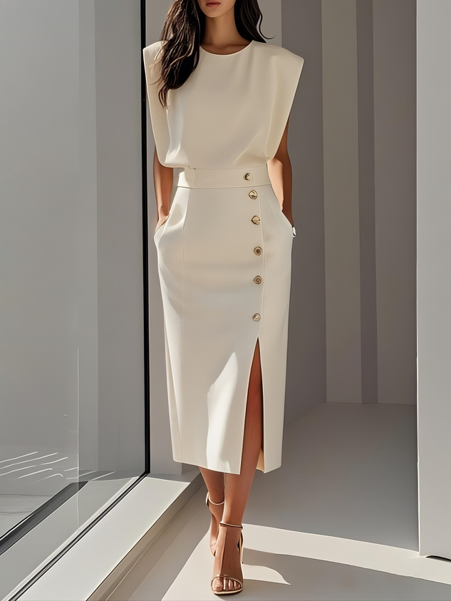 Floralia™ - Robe midi unie avec fente à boutons et décolleté rond