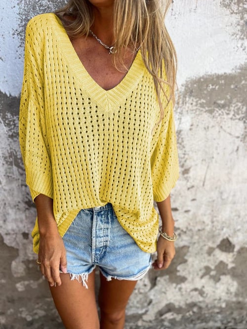 Delia™ - Top tricoté à col en V avec motif creux