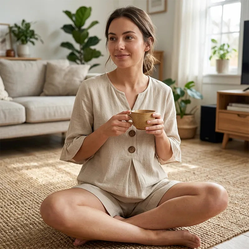 Telora - Ensemble femme en coton avec haut boutonné et short