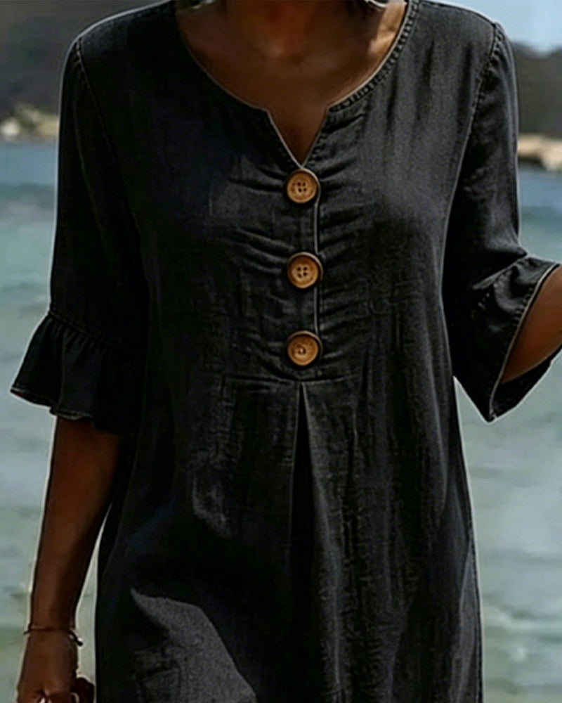 Fynorae™ - Robe femme en jean manches volants coupe fluide été plage