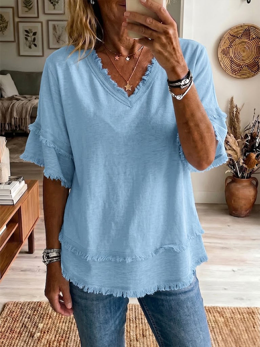 Jovrya™ - Top femme lin col V manches courtes coupe décontractée été