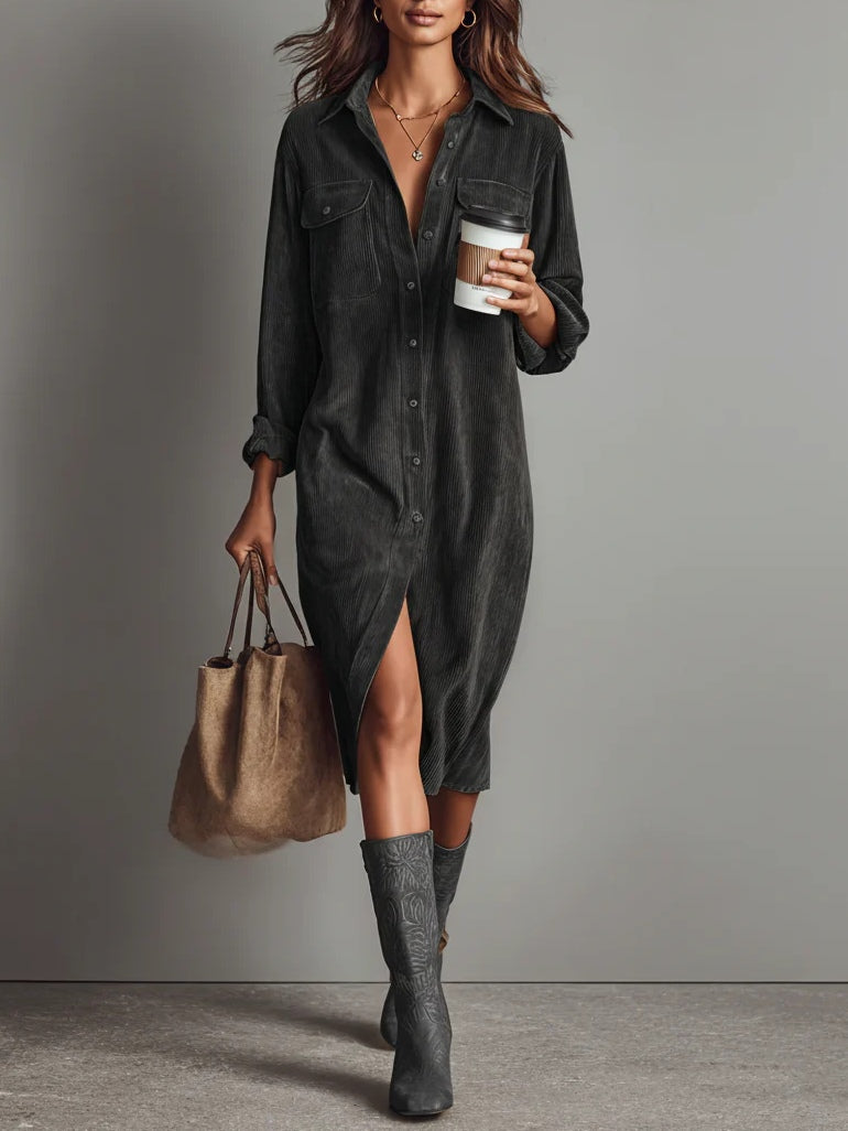 Isolira - Robe Midi Décontractée en Velours Côtelé