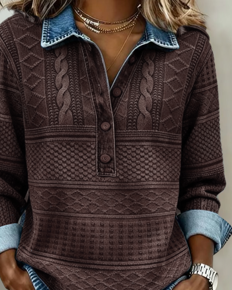 Gwenoriah - Pull Moderne à Demi-Boutonnage – Style Denim Chic