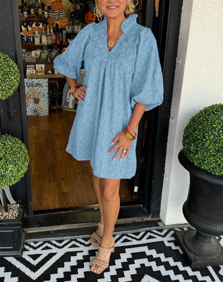 Tesia™ - Robe Courte Jacquard à Manches Bouffantes