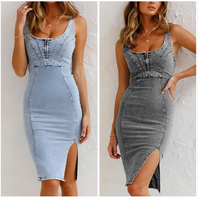 Estelle™ - Robe Bodycon en Denim à Bretelles Ajustables avec Décolleté U et Fente